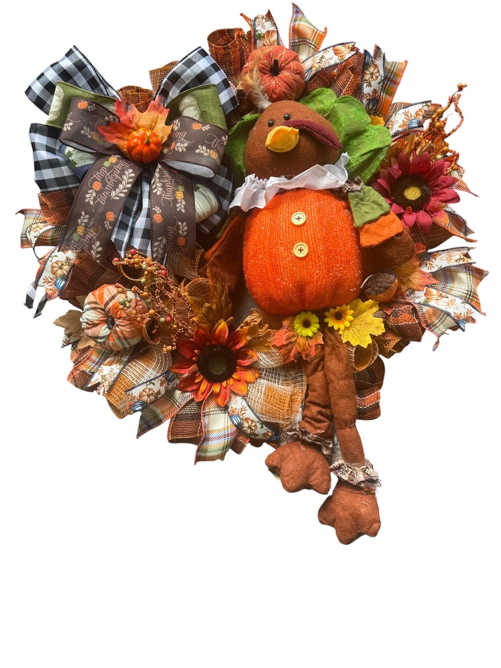 Autumn Pumpkin Turkey Wreath with Sunflowers and Plaid Bow